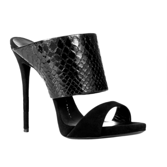 Suede & Snake-Embossed Leather Sandals - Picture 1 of 13